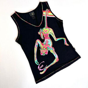 y2k Cavalli black tank top with rainbow monkey graphic
